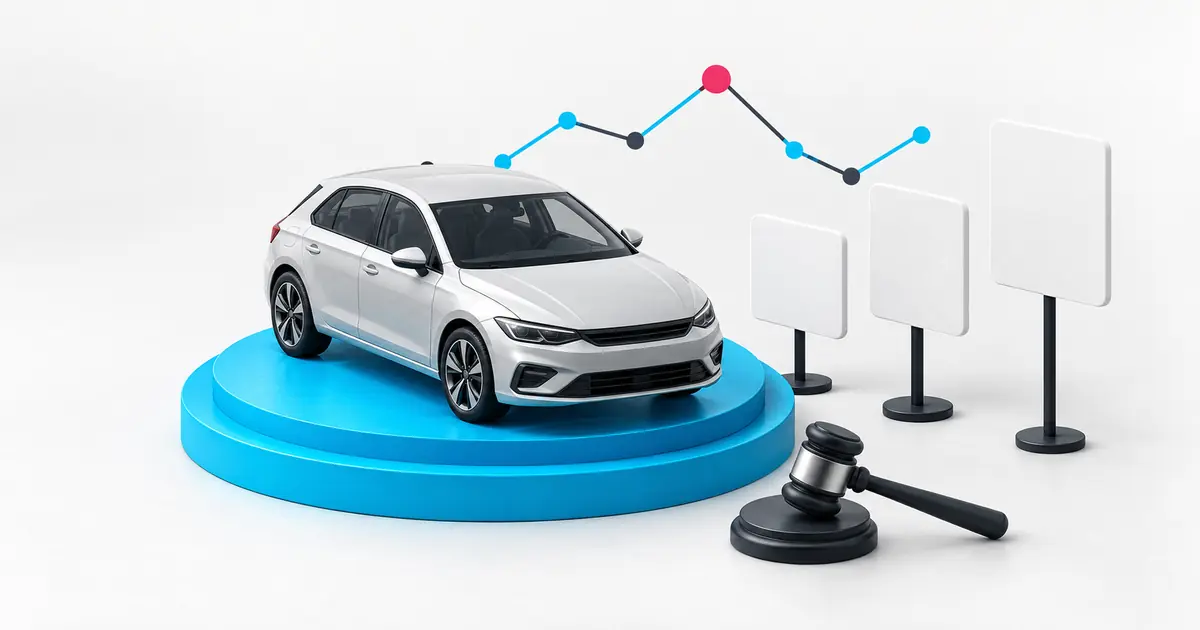 Naudotas automobilis su kainos etikete ir pirkėjo vertinimo užrašais.