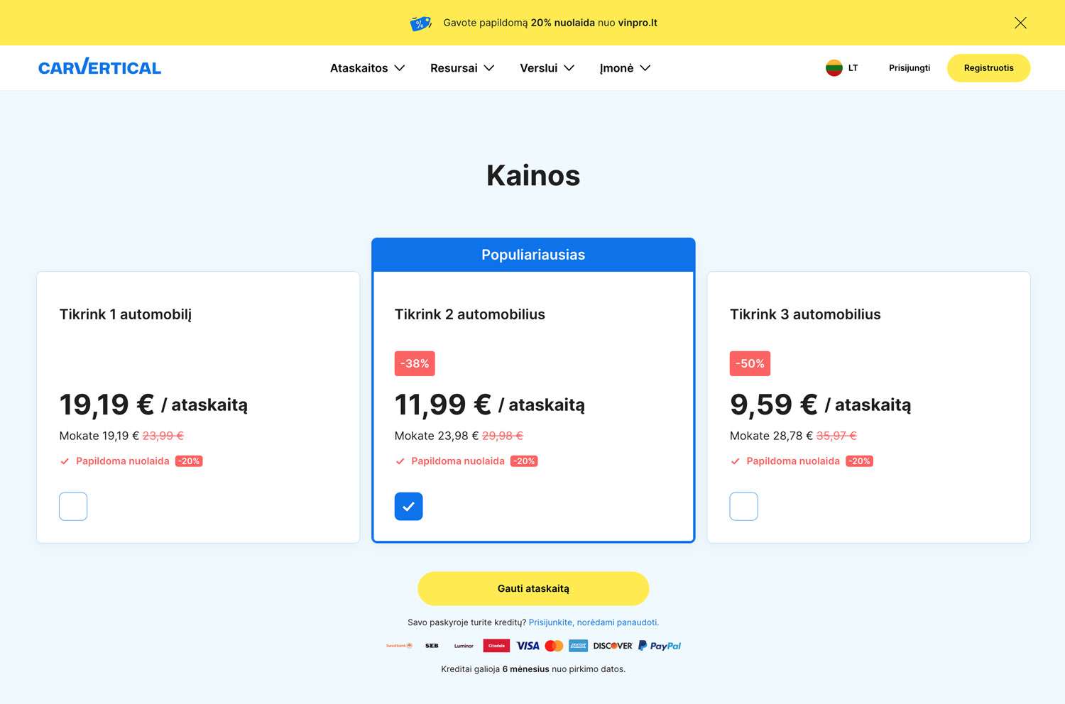 carVertical kainos